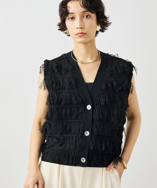 NOLLEY’S（ノーリーズ）の「《手洗い可能》チュールフリンジVネックベスト（ベスト・レディース・ブラック/ホワイト・38）」の21枚目の写真