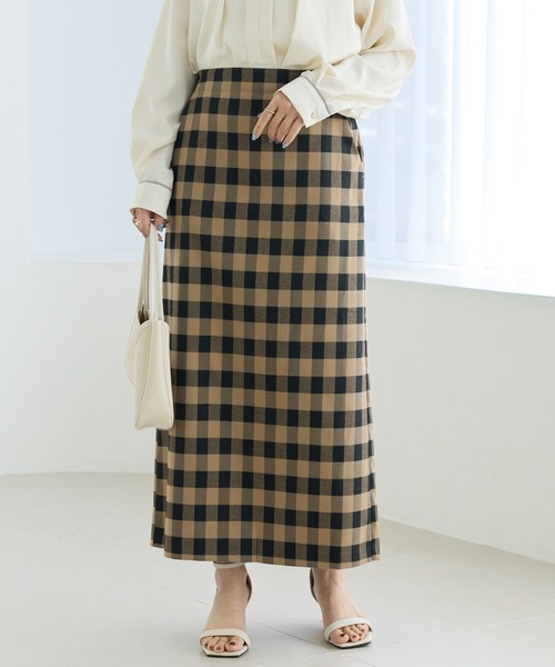 LAVEANGE（ラビアンジェ）の「【洗える】ギンガムチェックナロースカート（スカート・レディース・ブラック/ブラウン・M/5L/4L/3L/LL）」の2枚目の写真