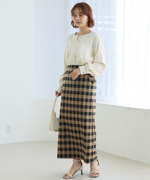 LAVEANGE（ラビアンジェ）の「【洗える】ギンガムチェックナロースカート（スカート・レディース・ブラック/ブラウン・M/5L/4L/3L/LL）」の5枚目の写真