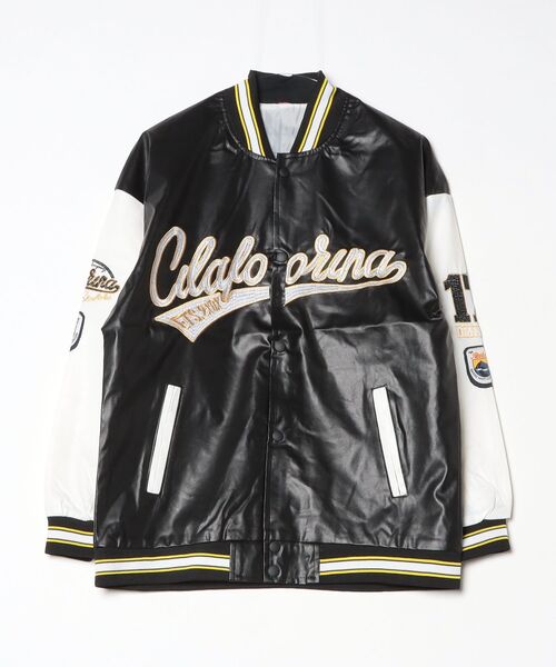 G 12A14-SZ レザー調 ロゴ刺繍 カレッジロゴスタジャン スタジアムブルゾン