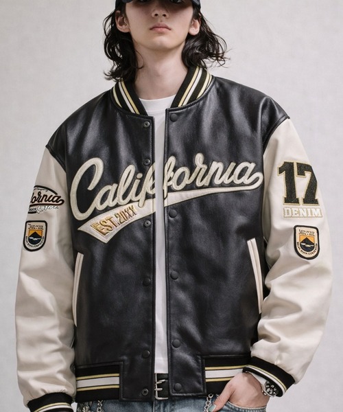 12A14-SZ レザー調 ロゴ刺繍 カレッジロゴスタジャン スタジアムブルゾン