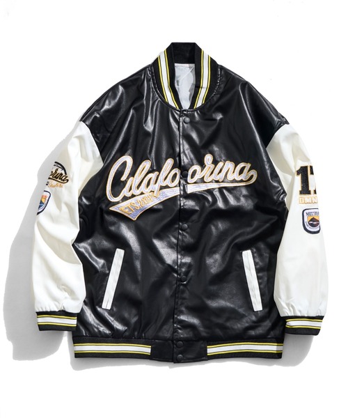 セール】12A14-SZ レザー調 ロゴ刺繍 カレッジロゴスタジャン