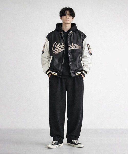 セール】12A14-SZ レザー調 ロゴ刺繍 カレッジロゴスタジャン