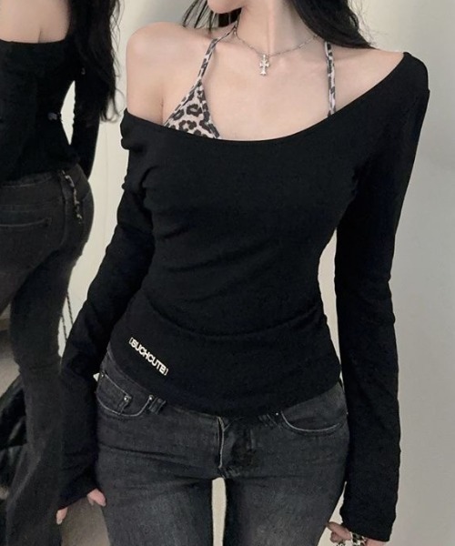 ViViDAY（ビビデー）の「【2点セット】ワンショルダーカットソー＋レオパード柄ブラジャー（Tシャツ/カットソー・レディース・ブラック・M）」の6枚目の写真