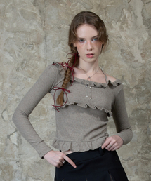 LARTIGENT | L13 FRILL HALTER SLEEVE(BROWN)(Tシャツ/カットソー)