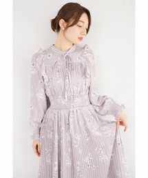 パール付きチェリー×リボンプリントネックリボンプリーツワンピース