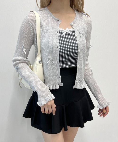 WEGO（ウィゴー）の「シアーリボンカーディガン（カーディガン/ボレロ・レディース・グレー/ホワイト・FREE）」の2枚目の写真