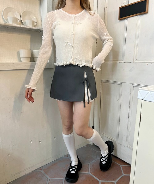 WEGO（ウィゴー）の「シアーリボンカーディガン（カーディガン/ボレロ・レディース・グレー/ホワイト・FREE）」の4枚目の写真