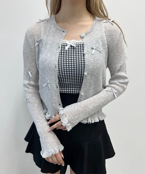 WEGO（ウィゴー）の「シアーリボンカーディガン（カーディガン/ボレロ・レディース・グレー/ホワイト・FREE）」の5枚目の写真
