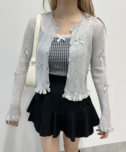 WEGO（ウィゴー）の「シアーリボンカーディガン（カーディガン/ボレロ・レディース・グレー/ホワイト・FREE）」の6枚目の写真