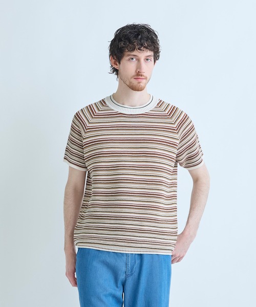 MEN'S BIGI（メンズビギ）の「マルチカラーボーダー半袖ニットTシャツ（Tシャツ/カットソー・メンズ・グレー系その他/オレンジ・03/02）」の2枚目の写真