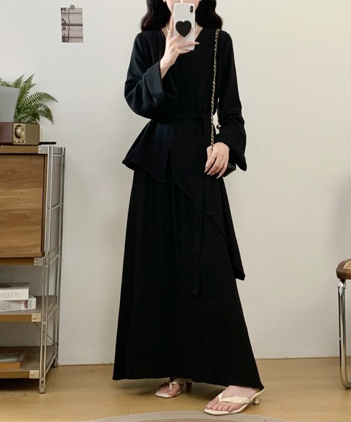 FAVORITO（ファヴォリート）の「リボンVネックシャツスカートセットアップ（セットアップ・レディース・ブラック/オフホワイト/ブラウン・M/L/XL）」の18枚目の写真