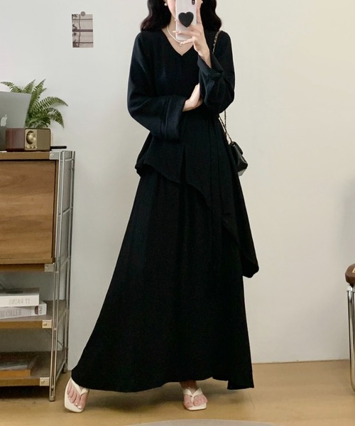 FAVORITO（ファヴォリート）の「リボンVネックシャツスカートセットアップ（セットアップ・レディース・ブラック/オフホワイト/ブラウン・M/L/XL）」の19枚目の写真