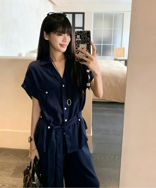 Aelina(エリナ)の「Vネック半袖シャツ ワイドパンツセットアップ(セットアップ・レディース・ネイビー・S/M/L)」の11枚目の写真