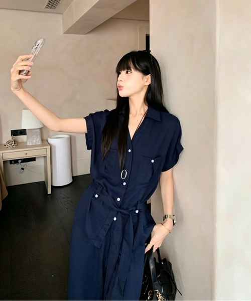 Aelina(エリナ)の「Vネック半袖シャツ ワイドパンツセットアップ(セットアップ・レディース・ネイビー・S/M/L)」の14枚目の写真