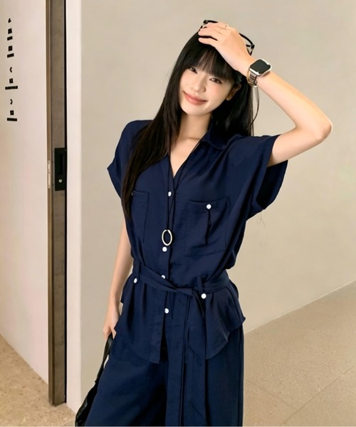Aelina(エリナ)の「Vネック半袖シャツ ワイドパンツセットアップ(セットアップ・レディース・ネイビー・S/M/L)」の17枚目の写真