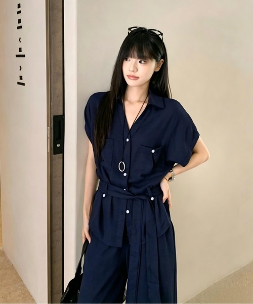 Aelina(エリナ)の「Vネック半袖シャツ ワイドパンツセットアップ(セットアップ・レディース・ネイビー・S/M/L)」の18枚目の写真