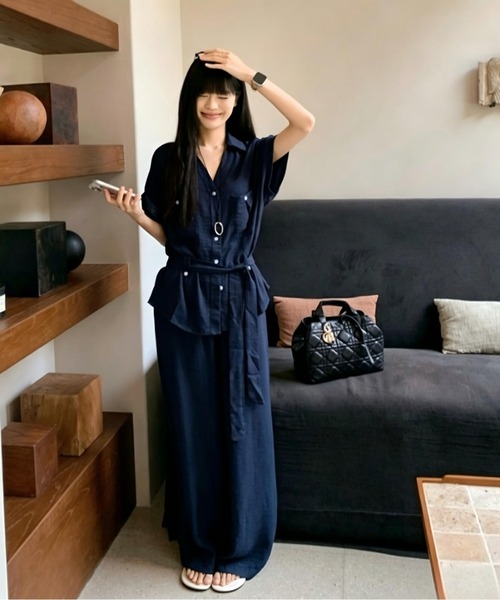 Aelina(エリナ)の「Vネック半袖シャツ ワイドパンツセットアップ(セットアップ・レディース・ネイビー・S/M/L)」の20枚目の写真