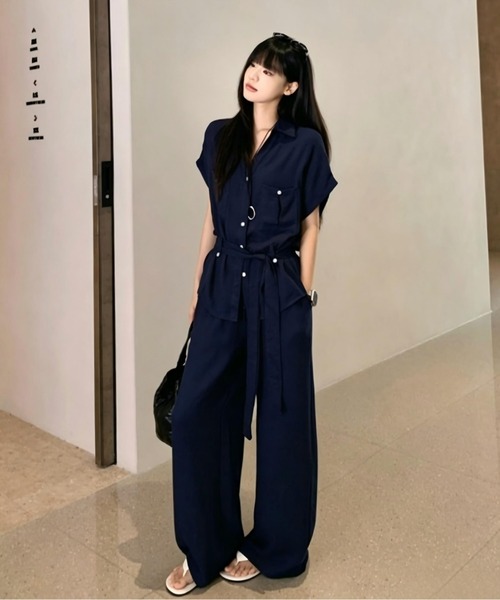 Aelina(エリナ)の「Vネック半袖シャツ ワイドパンツセットアップ(セットアップ・レディース・ネイビー・S/M/L)」の21枚目の写真