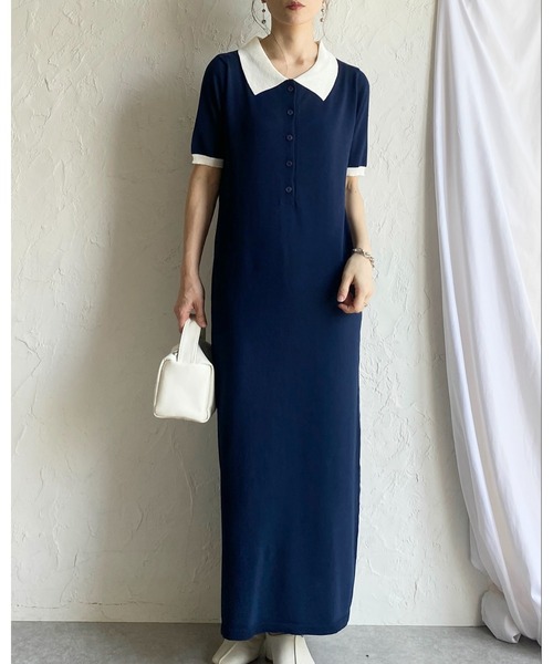 She's Closet(シーズクローゼット)の「配色バイカラー 襟付き 半袖 ロング丈 サマー ポロニットワンピース(ワンピース・レディース・ネイビー/ライトグレー/ブラック・FREE)」の4枚目の写真