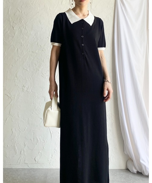 She's Closet(シーズクローゼット)の「配色バイカラー 襟付き 半袖 ロング丈 サマー ポロニットワンピース(ワンピース・レディース・ネイビー/ライトグレー/ブラック・FREE)」の5枚目の写真