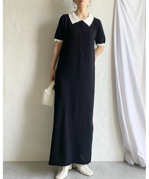 She's Closet(シーズクローゼット)の「配色バイカラー 襟付き 半袖 ロング丈 サマー ポロニットワンピース(ワンピース・レディース・ネイビー/ライトグレー/ブラック・FREE)」の6枚目の写真