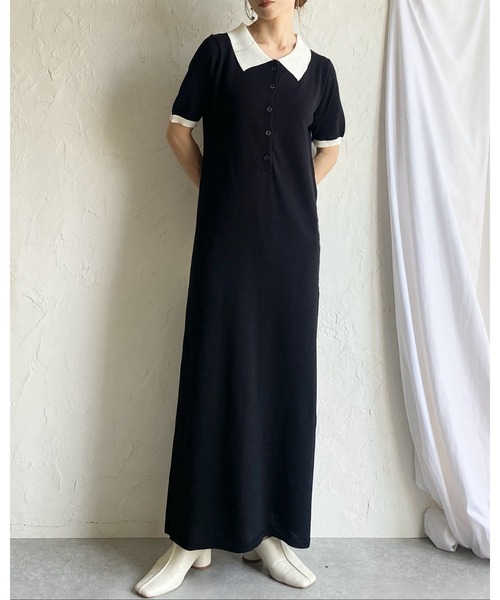 She's Closet(シーズクローゼット)の「配色バイカラー 襟付き 半袖 ロング丈 サマー ポロニットワンピース(ワンピース・レディース・ネイビー/ライトグレー/ブラック・FREE)」の7枚目の写真
