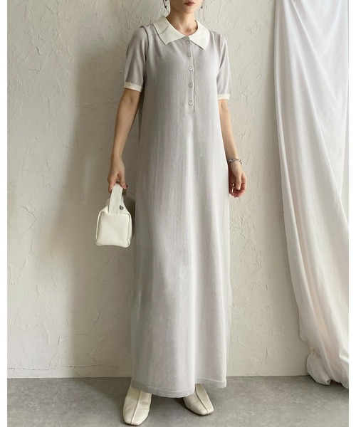 She's Closet(シーズクローゼット)の「配色バイカラー 襟付き 半袖 ロング丈 サマー ポロニットワンピース(ワンピース・レディース・ネイビー/ライトグレー/ブラック・FREE)」の8枚目の写真