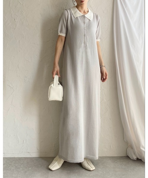She's Closet(シーズクローゼット)の「配色バイカラー 襟付き 半袖 ロング丈 サマー ポロニットワンピース(ワンピース・レディース・ネイビー/ライトグレー/ブラック・FREE)」の9枚目の写真
