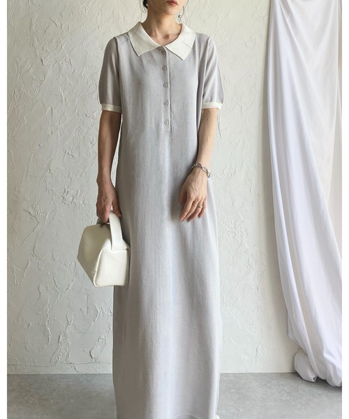 She's Closet(シーズクローゼット)の「配色バイカラー 襟付き 半袖 ロング丈 サマー ポロニットワンピース(ワンピース・レディース・ネイビー/ライトグレー/ブラック・FREE)」の10枚目の写真