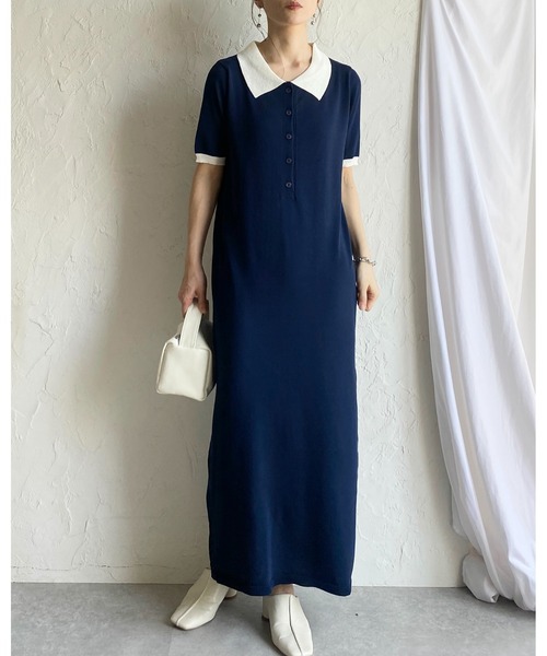 She's Closet(シーズクローゼット)の「配色バイカラー 襟付き 半袖 ロング丈 サマー ポロニットワンピース(ワンピース・レディース・ネイビー/ライトグレー/ブラック・FREE)」の11枚目の写真
