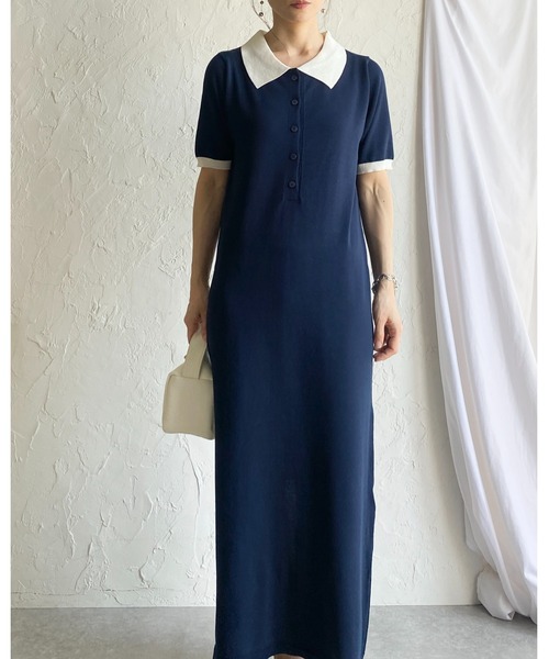 She's Closet(シーズクローゼット)の「配色バイカラー 襟付き 半袖 ロング丈 サマー ポロニットワンピース(ワンピース・レディース・ネイビー/ライトグレー/ブラック・FREE)」の12枚目の写真