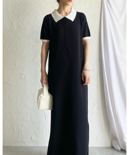 She's Closet(シーズクローゼット)の「配色バイカラー 襟付き 半袖 ロング丈 サマー ポロニットワンピース(ワンピース・レディース・ネイビー/ライトグレー/ブラック・FREE)」の13枚目の写真