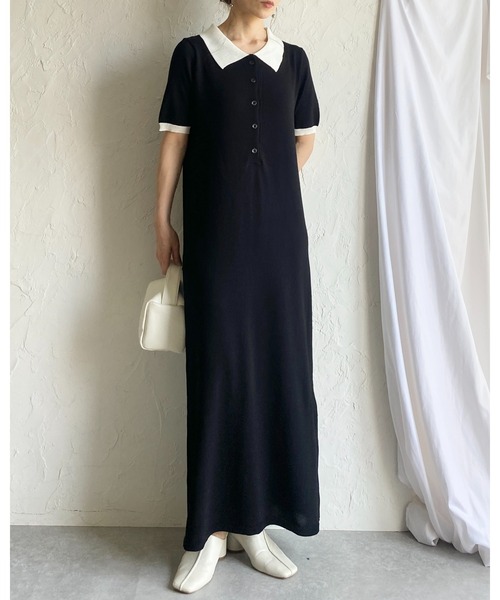 She's Closet(シーズクローゼット)の「配色バイカラー 襟付き 半袖 ロング丈 サマー ポロニットワンピース(ワンピース・レディース・ネイビー/ライトグレー/ブラック・FREE)」の15枚目の写真