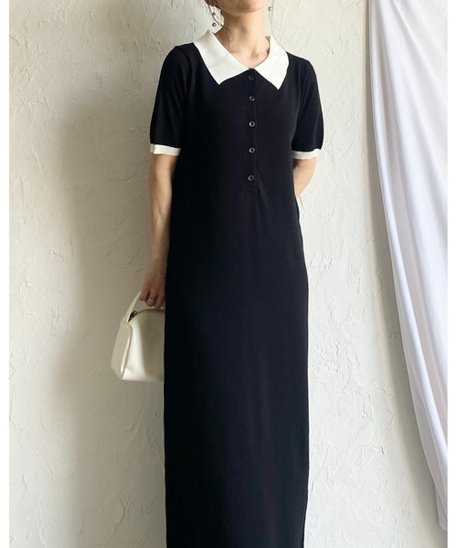 She's Closet(シーズクローゼット)の「配色バイカラー 襟付き 半袖 ロング丈 サマー ポロニットワンピース(ワンピース・レディース・ネイビー/ライトグレー/ブラック・FREE)」の20枚目の写真