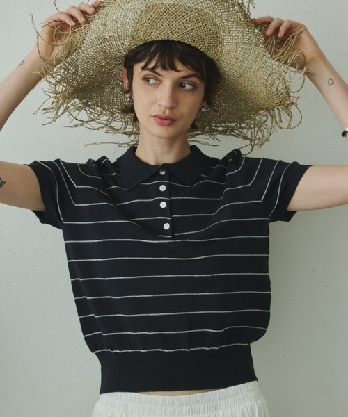 Plumel(プルメル)の「Border Summer Polo Knit / ボーダーサマーポロニット(その他トップス・レディース・ネイビー/アイボリー・MEDIUM)」の1枚目の写真