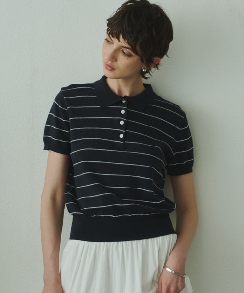Plumel(プルメル)の「Border Summer Polo Knit / ボーダーサマーポロニット(その他トップス・レディース・ネイビー/アイボリー・MEDIUM)」の4枚目の写真