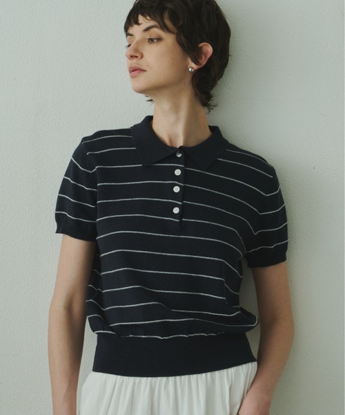 Plumel(プルメル)の「Border Summer Polo Knit / ボーダーサマーポロニット(その他トップス・レディース・ネイビー/アイボリー・MEDIUM)」の6枚目の写真