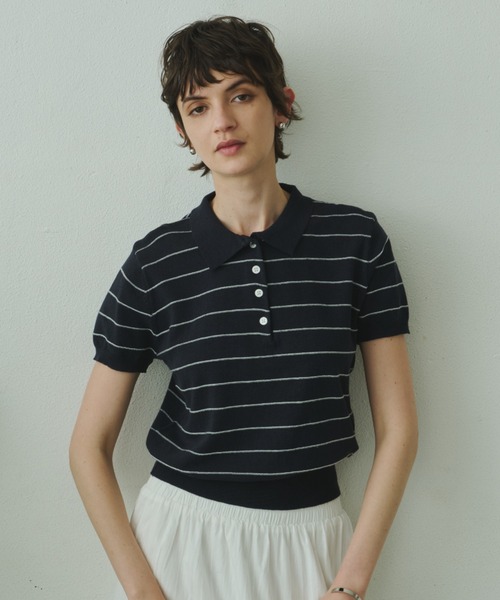 Plumel(プルメル)の「Border Summer Polo Knit / ボーダーサマーポロニット(その他トップス・レディース・ネイビー/アイボリー・MEDIUM)」の3枚目の写真