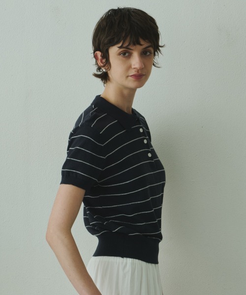 Plumel(プルメル)の「Border Summer Polo Knit / ボーダーサマーポロニット(その他トップス・レディース・ネイビー/アイボリー・MEDIUM)」の8枚目の写真