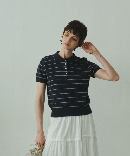 Plumel(プルメル)の「Border Summer Polo Knit / ボーダーサマーポロニット(その他トップス・レディース・ネイビー/アイボリー・MEDIUM)」の11枚目の写真