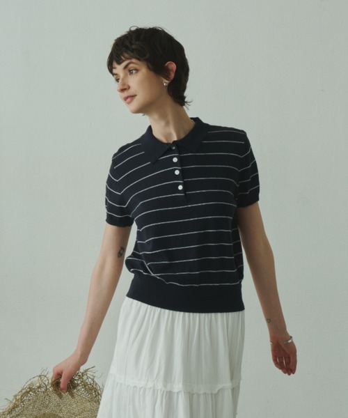 Plumel(プルメル)の「Border Summer Polo Knit / ボーダーサマーポロニット(その他トップス・レディース・ネイビー/アイボリー・MEDIUM)」の13枚目の写真