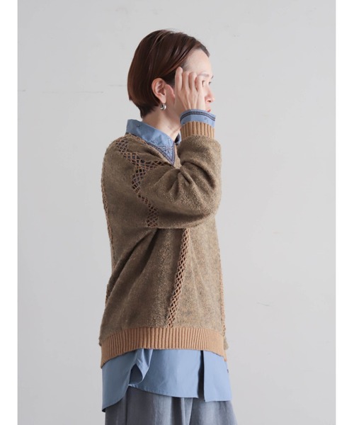 FIL DE FER(フィルデフェール)の「【予約】ブークレ×かぎ針 ライン切り替えプルオーバー(ニット/セーター・レディース・ブラウン/レッド・FREE)」の4枚目の写真