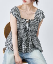 【前後2WAY/WEB限定】チェック柄シャーリングノースリブラウス