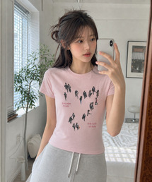 ラッシュオブタイムプリントスリムフィット半袖Tシャツピンク