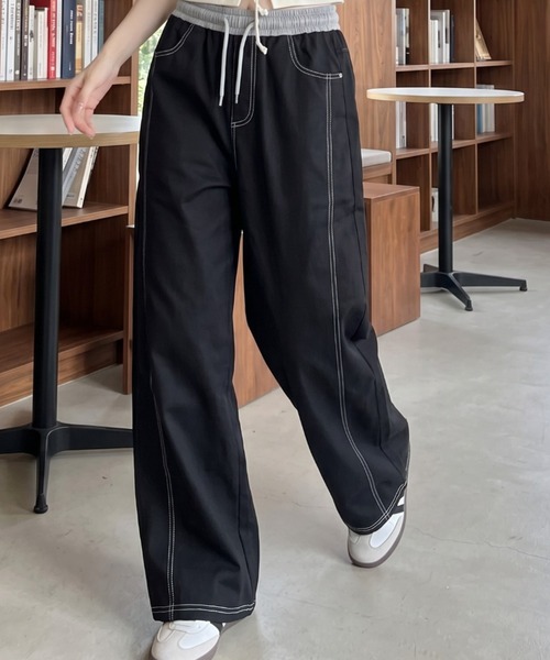 umune（ウムネ）の「ワイドパンツ イージー 配色ステッチ ウエストゴム ドローストリング ゆったり 大人カジュアル 秋 冬（その他パンツ・レディース・ブラック/インディゴブルー・L/M）」の8枚目の写真