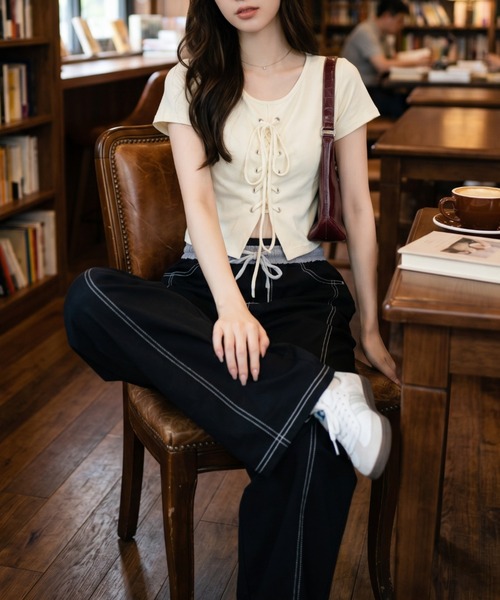 umune（ウムネ）の「ワイドパンツ イージー 配色ステッチ ウエストゴム ドローストリング ゆったり 大人カジュアル 秋 冬（その他パンツ・レディース・ブラック/インディゴブルー・L/M）」の12枚目の写真