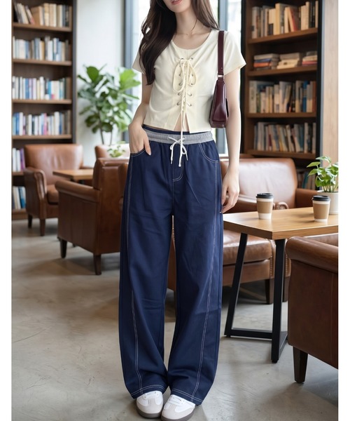 umune（ウムネ）の「ワイドパンツ イージー 配色ステッチ ウエストゴム ドローストリング ゆったり 大人カジュアル 秋 冬（その他パンツ・レディース・ブラック/インディゴブルー・L/M）」の14枚目の写真