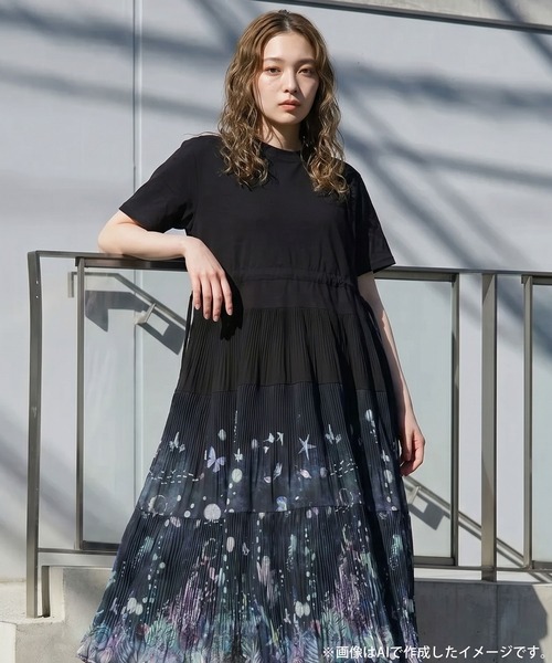 iS ScoLar(イズスカラー)の「562244:天竺xプリーツシフォン 貝殻柄グラデワンピース(ワンピース・レディース・アイボリー/ブラック・M)」の8枚目の写真