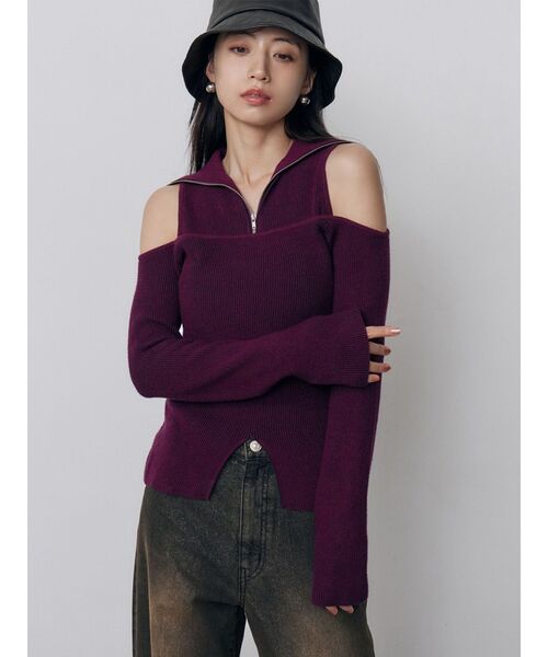 MURUA(ムルーア)の「オフショルレイヤードZIPニット(ニット/セーター・レディース・ブルー/ブラック/パープル/その他1・FREE)」の4枚目の写真